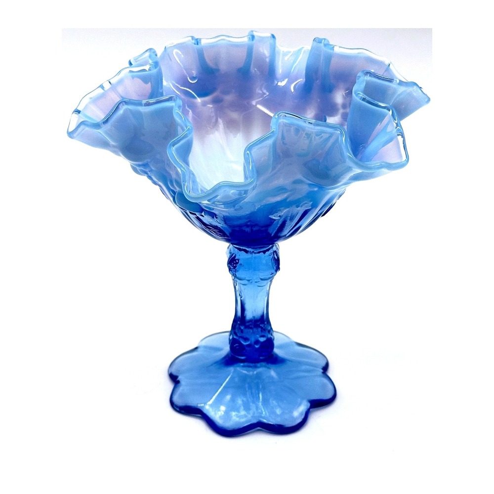 Vintage Fenton Blue Opalescent Glass Cherry Ruffled Compote Candy Dish 6.5"